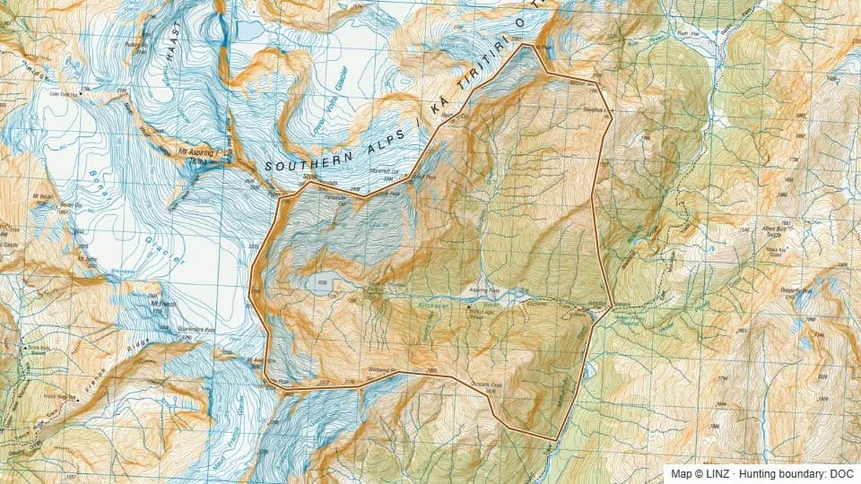 Topographic map of Kitchener in Otago, New Zealand, with the DOC hunting boundary outlined.