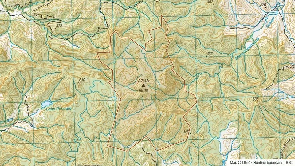 Topographic map of Kokaka Conservation Area in Manawatu-Wanganui, New Zealand, with the DOC hunting boundary outlined.
