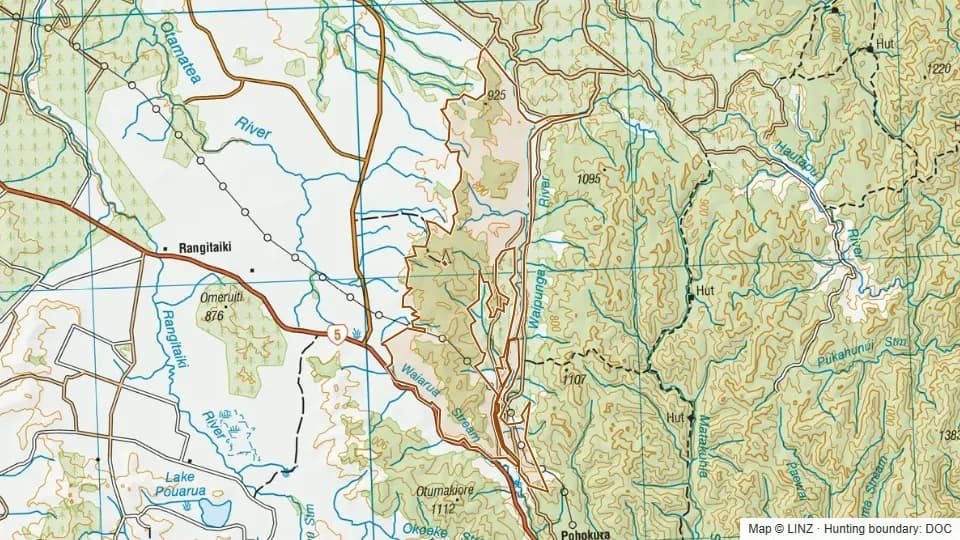 Topographic map of Kokomoka Forest in Hawke's Bay, New Zealand, with the DOC hunting boundary outlined.