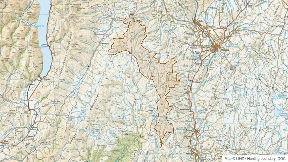 Topographic map of Kopuwai in Southland, New Zealand, with the DOC hunting boundary outlined.