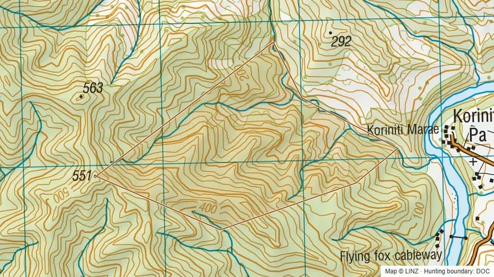 Topographic map of Koriniti Conservation Area in Manawatu-Wanganui, New Zealand, with the DOC hunting boundary outlined.