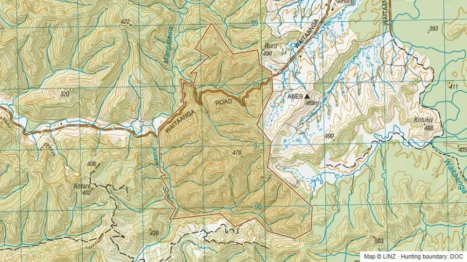 Topographic map of Kotare Scenic Reserve in Taranaki, New Zealand, with the DOC hunting boundary outlined.