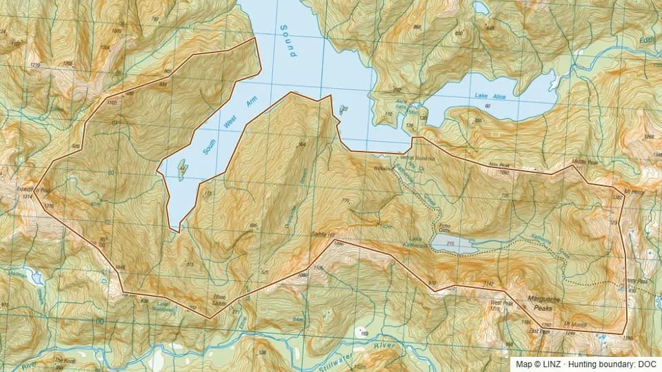 Topographic map of Lake Katherine in Southland, New Zealand, with the DOC hunting boundary outlined.