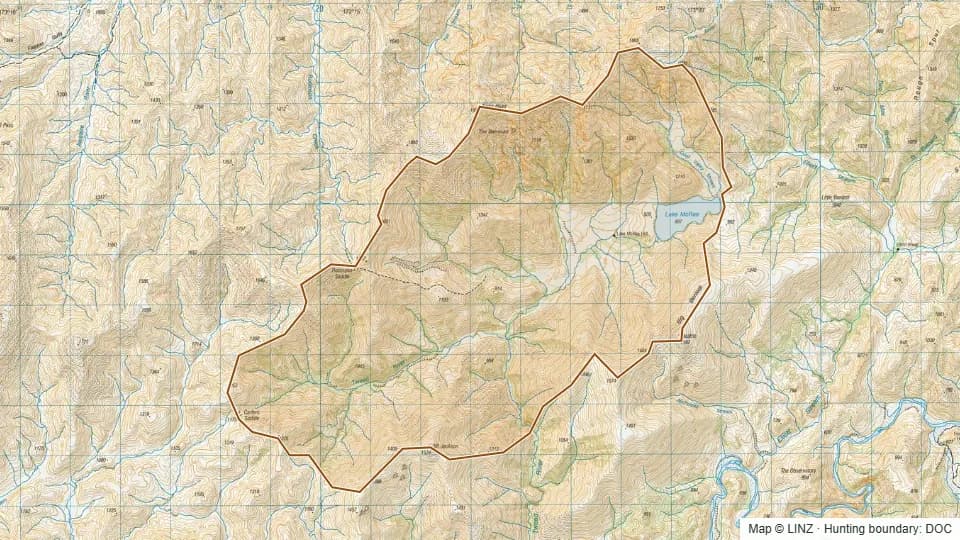 Topographic map of Lake McRae in Marlborough, New Zealand, with the DOC hunting boundary outlined.