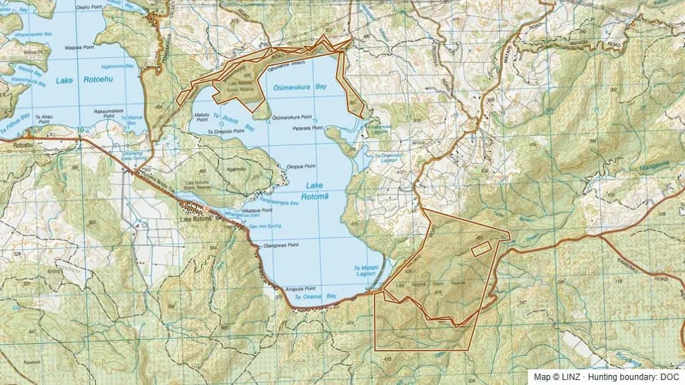 Topographic map of Lake Rotoma Scenic Reserve in Bay of Plenty, New Zealand, with the DOC hunting boundary outlined.
