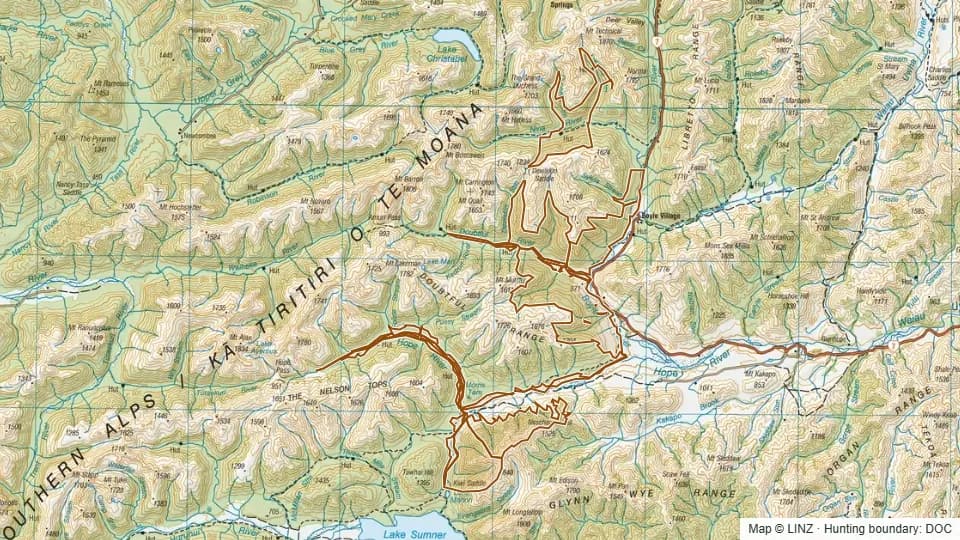 Topographic map of Lake Sumner Forest Park in Canterbury, New Zealand, with the DOC hunting boundary outlined.