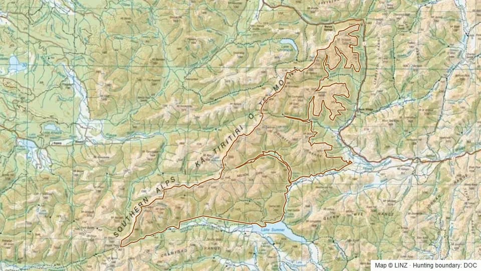 Topographic map of Lake Sumner RHA in Canterbury, New Zealand, with the DOC hunting boundary outlined.