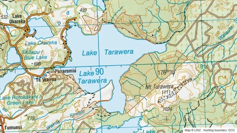 Topographic map of Lake Tarawera Scenic Reserve in Bay of Plenty, New Zealand, with the DOC hunting boundary outlined.