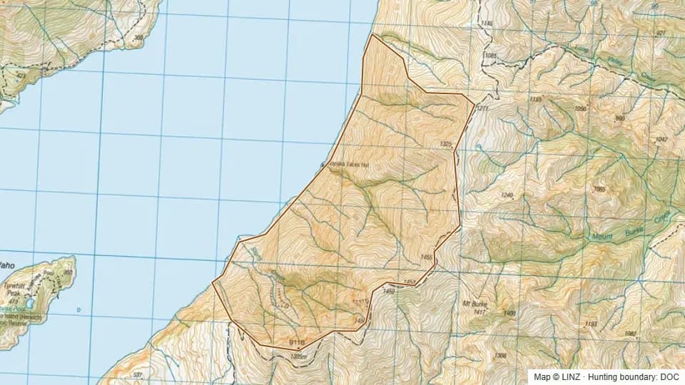 Topographic map of Lake Wanaka Faces in Otago, New Zealand, with the DOC hunting boundary outlined.