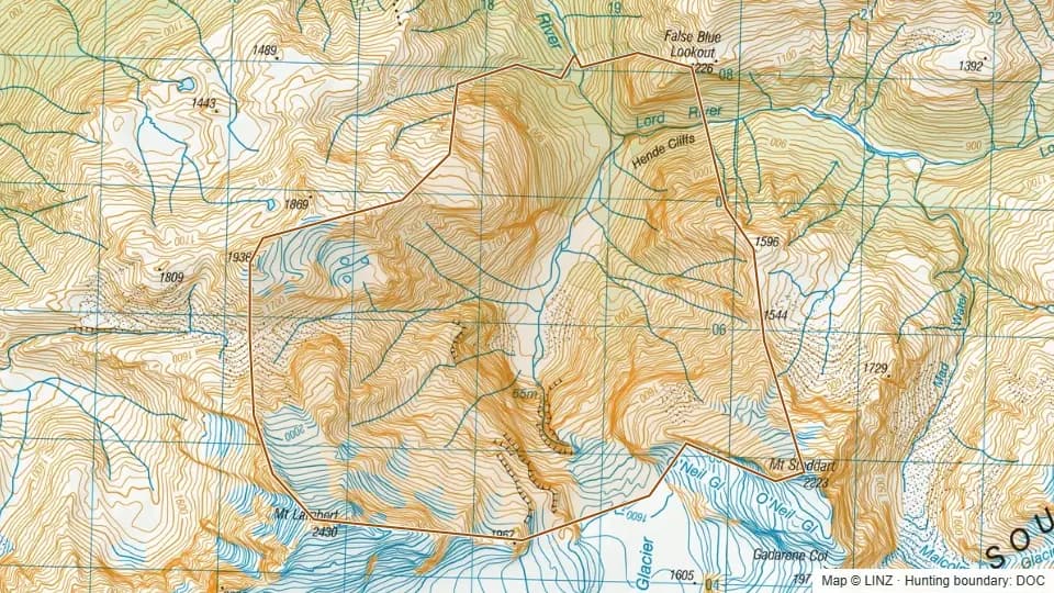 Topographic map of Lambert River in West Coast, New Zealand, with the DOC hunting boundary outlined.