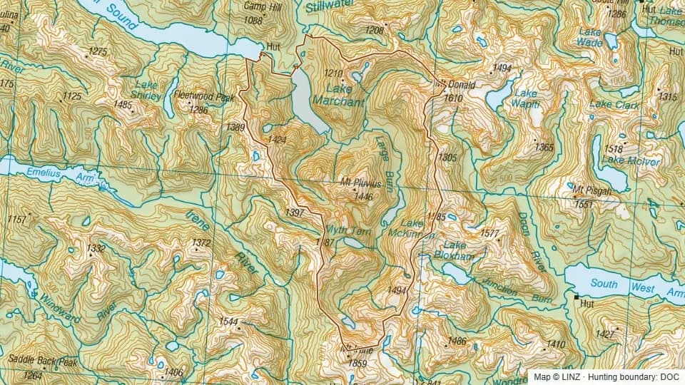 Topographic map of Large Burn in Southland, New Zealand, with the DOC hunting boundary outlined.