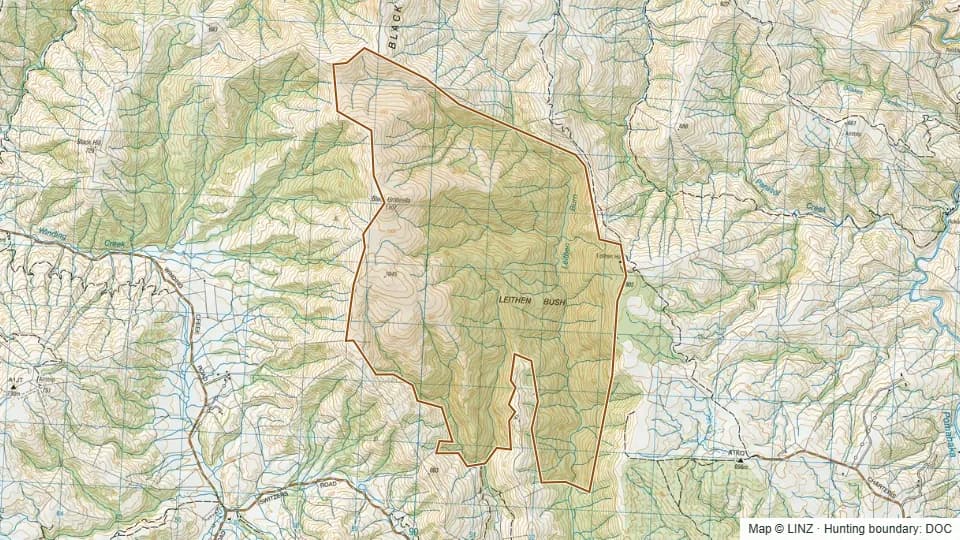 Topographic map of Leithen Bush Scenic Reserve in Otago, New Zealand, with the DOC hunting boundary outlined.
