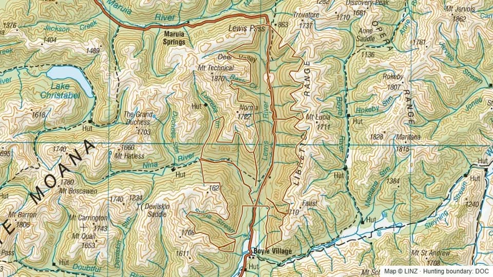 Topographic map of Lewis Pass National Reserve in Canterbury, New Zealand, with the DOC hunting boundary outlined.
