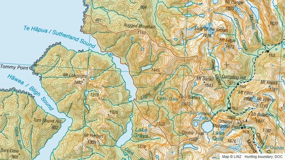 Topographic map of Light River in Southland, New Zealand, with the DOC hunting boundary outlined.