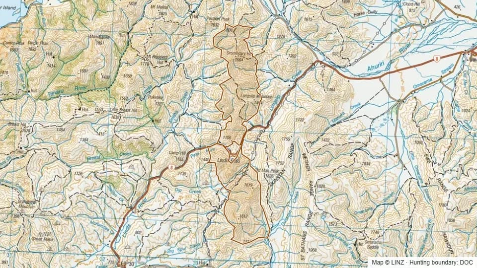 Topographic map of Lindis - Firearms prohibited on access tracks in Canterbury, New Zealand, with the DOC hunting boundary outlined.