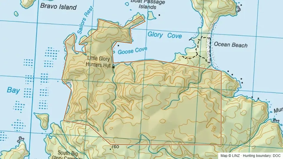 Topographic map of Little Glory Cove in Southland, New Zealand, with the DOC hunting boundary outlined.