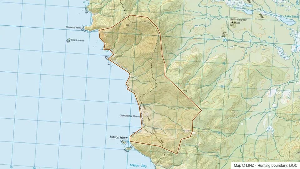 Topographic map of Little Hellfire in Southland, New Zealand, with the DOC hunting boundary outlined.