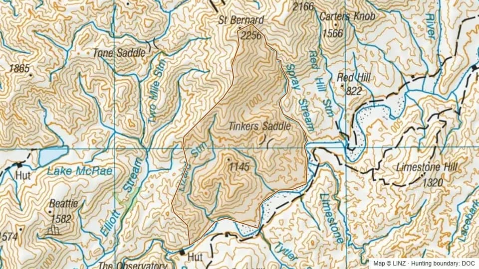 Topographic map of Lizard in Marlborough, New Zealand, with the DOC hunting boundary outlined.