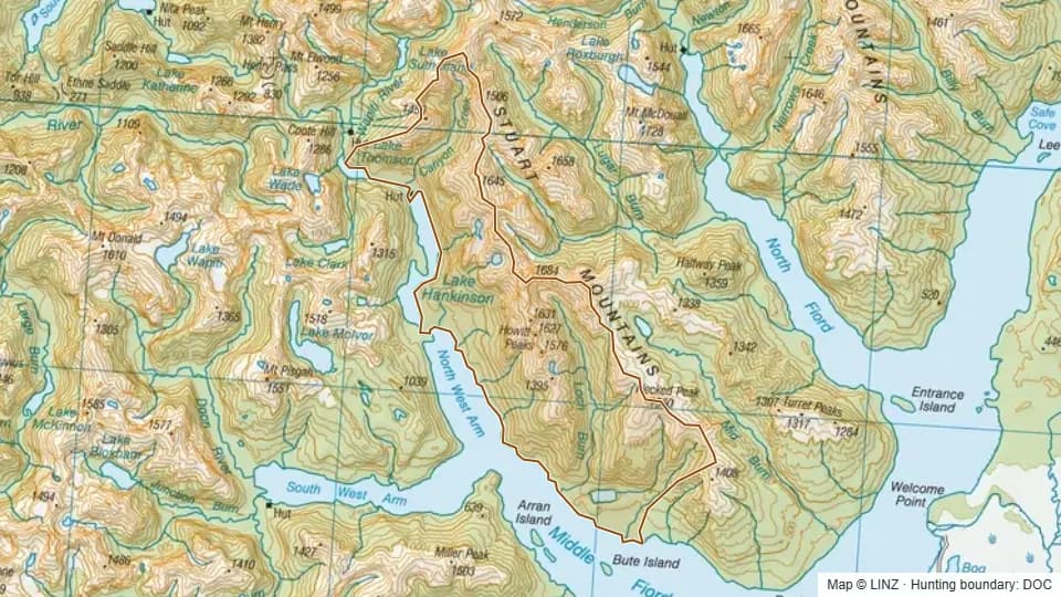 Topographic map of Loch Burn in Southland, New Zealand, with the DOC hunting boundary outlined.