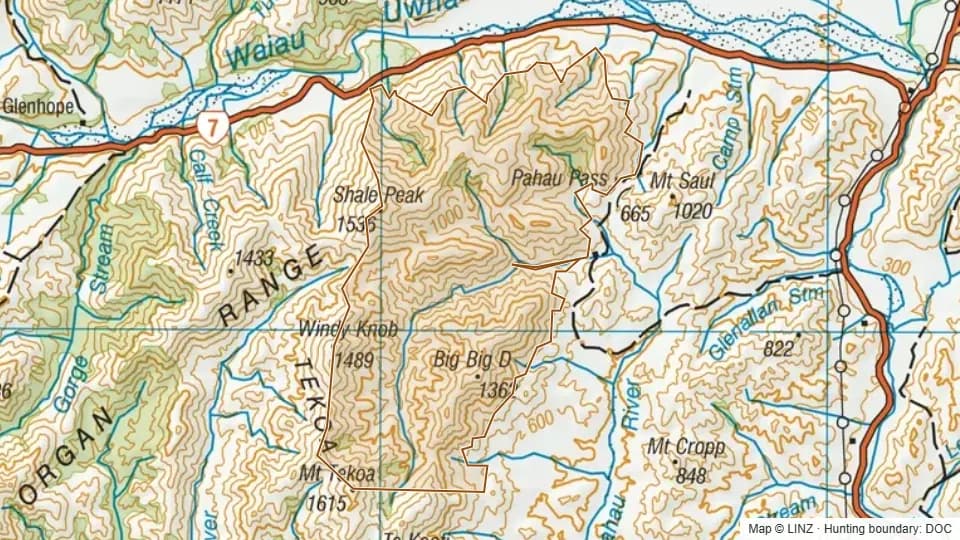 Topographic map of Lochiel in Canterbury, New Zealand, with the DOC hunting boundary outlined.