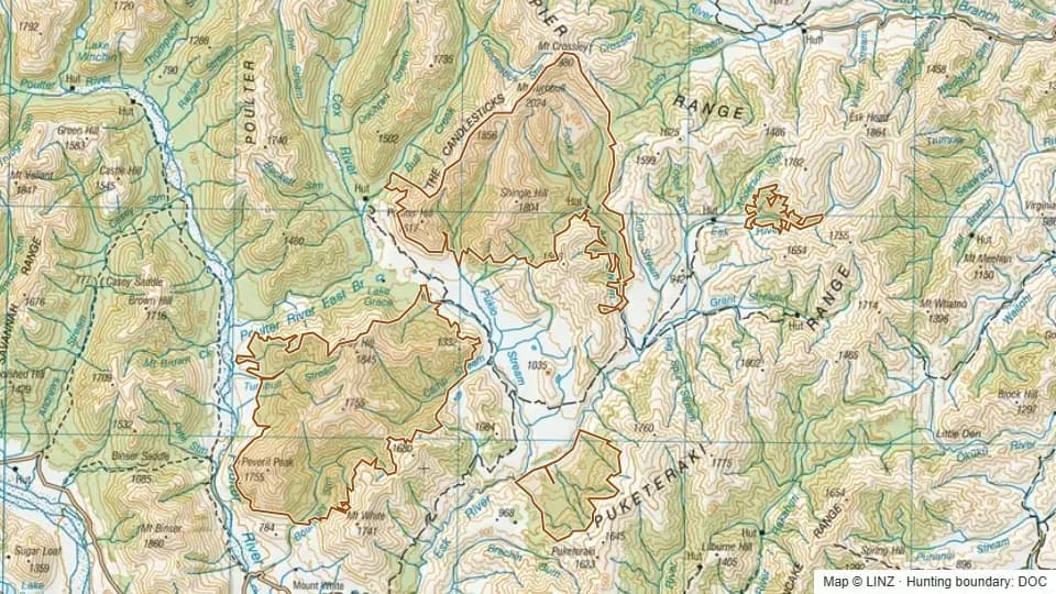 Topographic map of Lochinvar in Canterbury, New Zealand, with the DOC hunting boundary outlined.