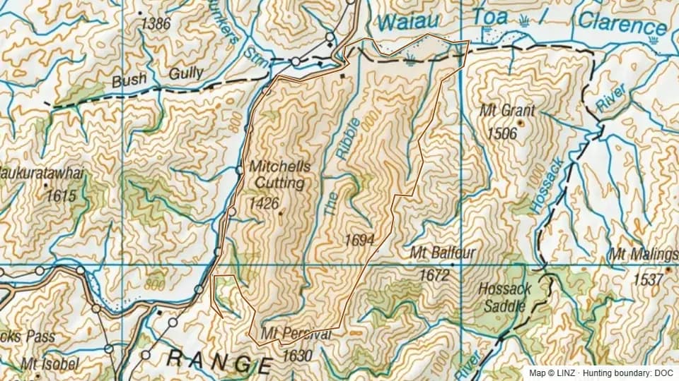 Topographic map of Long Gully in Canterbury, New Zealand, with the DOC hunting boundary outlined.