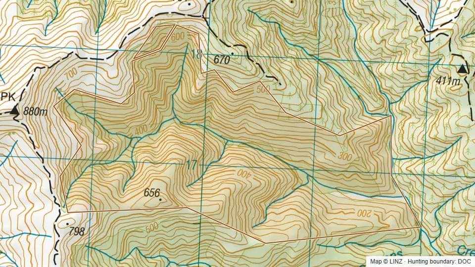 Topographic map of Long Gully - Blue Mountains in Otago, New Zealand, with the DOC hunting boundary outlined.