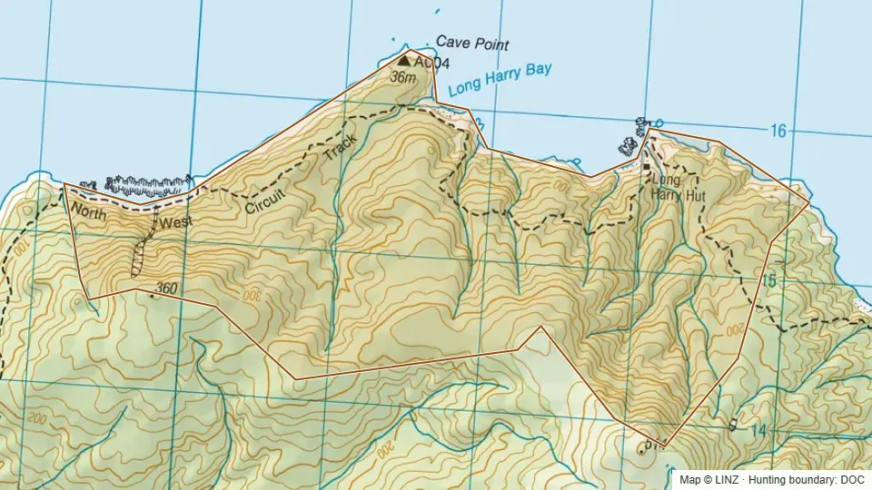 Topographic map of Long Harry in Southland, New Zealand, with the DOC hunting boundary outlined.