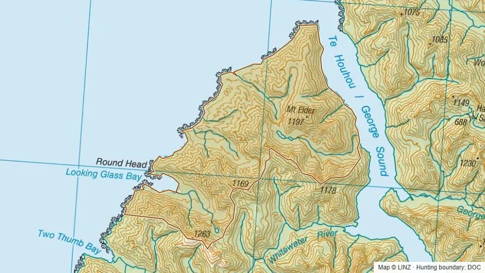 Topographic map of Looking Glass in Southland, New Zealand, with the DOC hunting boundary outlined.