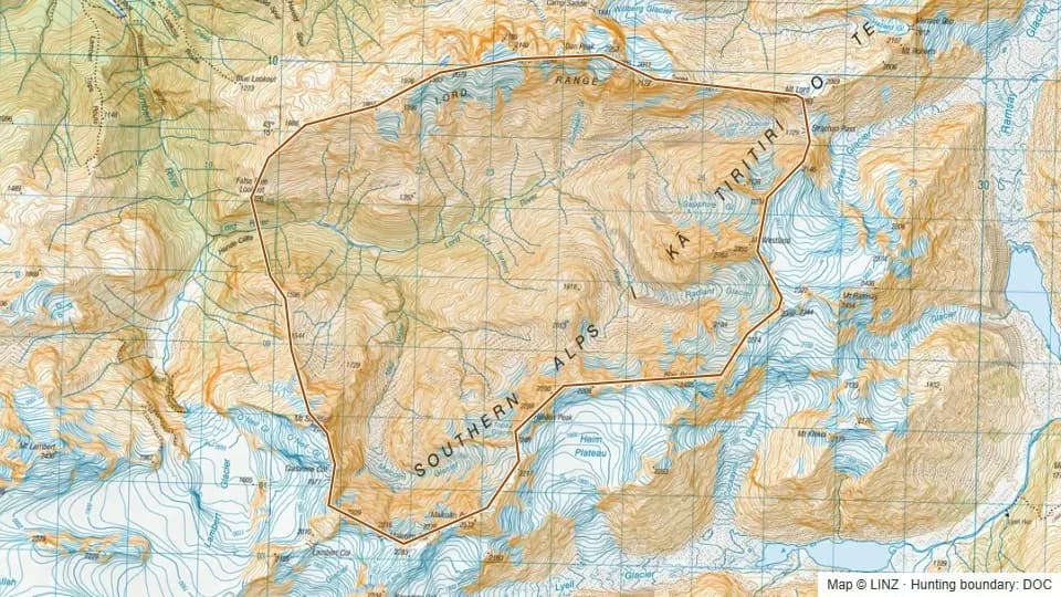 Topographic map of Lord River in West Coast, New Zealand, with the DOC hunting boundary outlined.