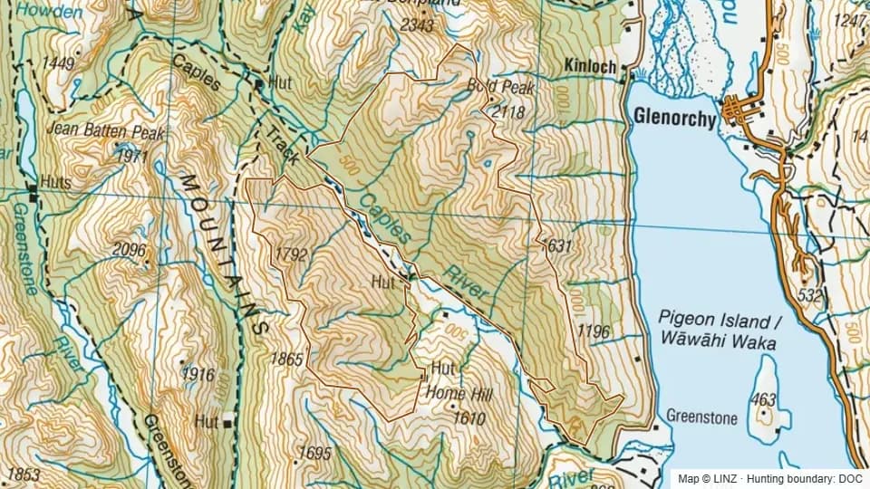 Topographic map of Lower Caples RHA in Otago, New Zealand, with the DOC hunting boundary outlined.