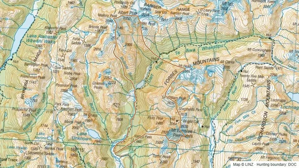 Topographic map of Lower Dart in Otago, New Zealand, with the DOC hunting boundary outlined.