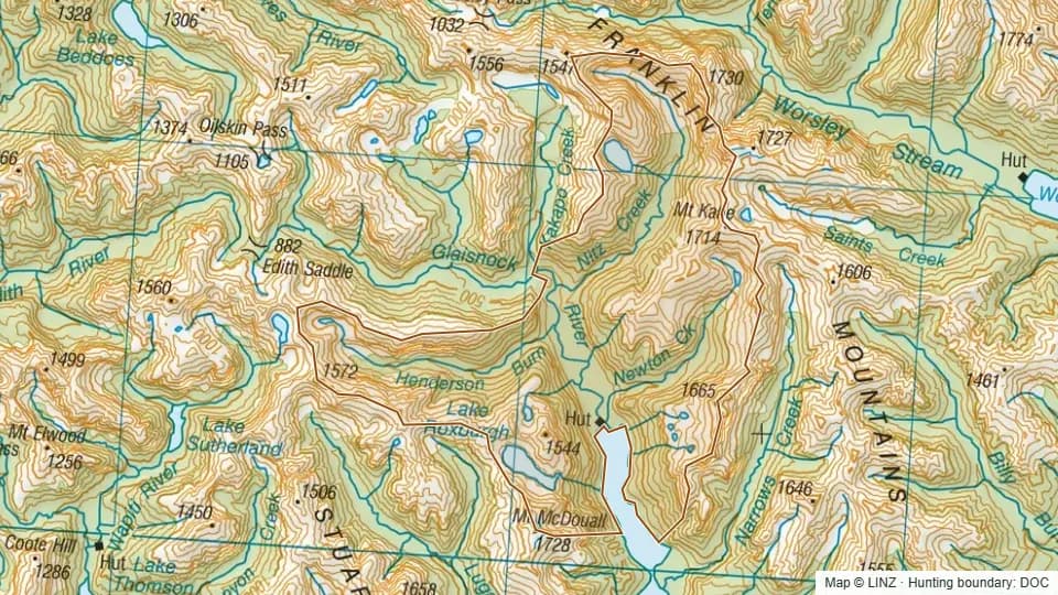 Topographic map of Lower Glaisnock in Southland, New Zealand, with the DOC hunting boundary outlined.