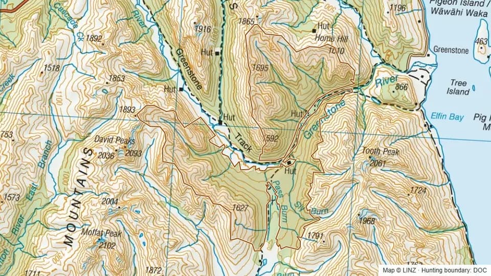 Topographic map of Lower Greenstone RHA in Otago, New Zealand, with the DOC hunting boundary outlined.