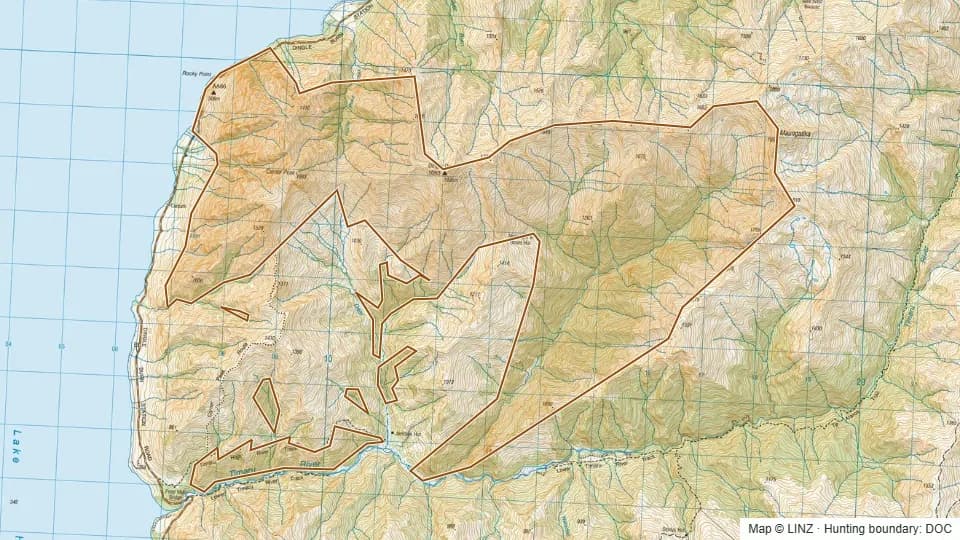 Topographic map of Lower Timaru in Otago, New Zealand, with the DOC hunting boundary outlined.