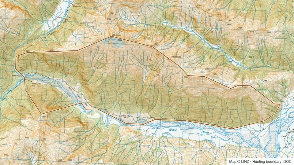 Topographic map of Lower Wilkin in Otago, New Zealand, with the DOC hunting boundary outlined.