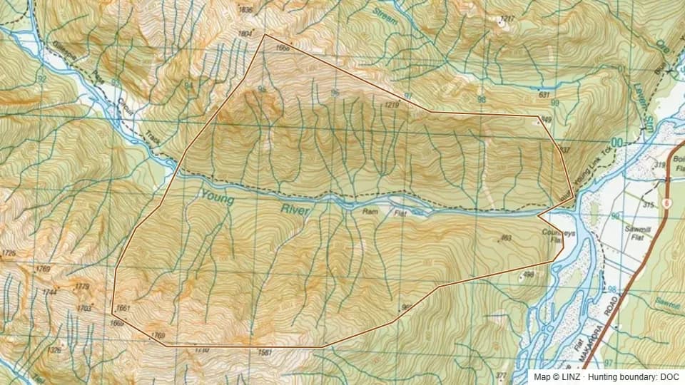 Topographic map of Lower Young in Otago, New Zealand, with the DOC hunting boundary outlined.