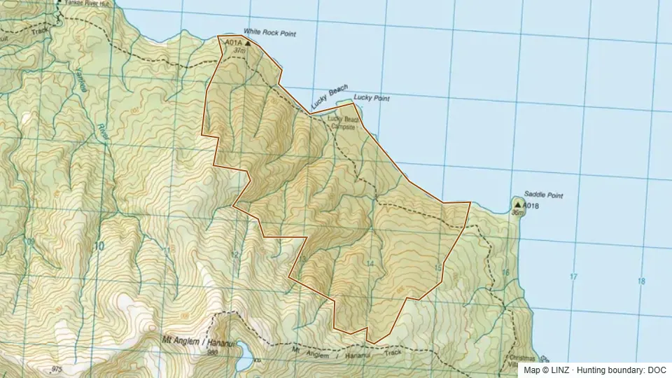Topographic map of Lucky in Southland, New Zealand, with the DOC hunting boundary outlined.