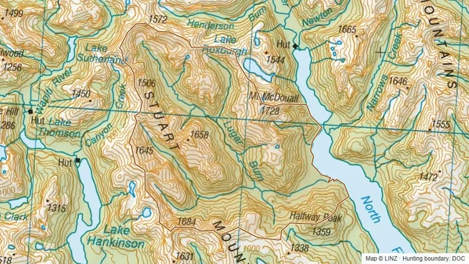 Topographic map of Lugar Burn in Southland, New Zealand, with the DOC hunting boundary outlined.