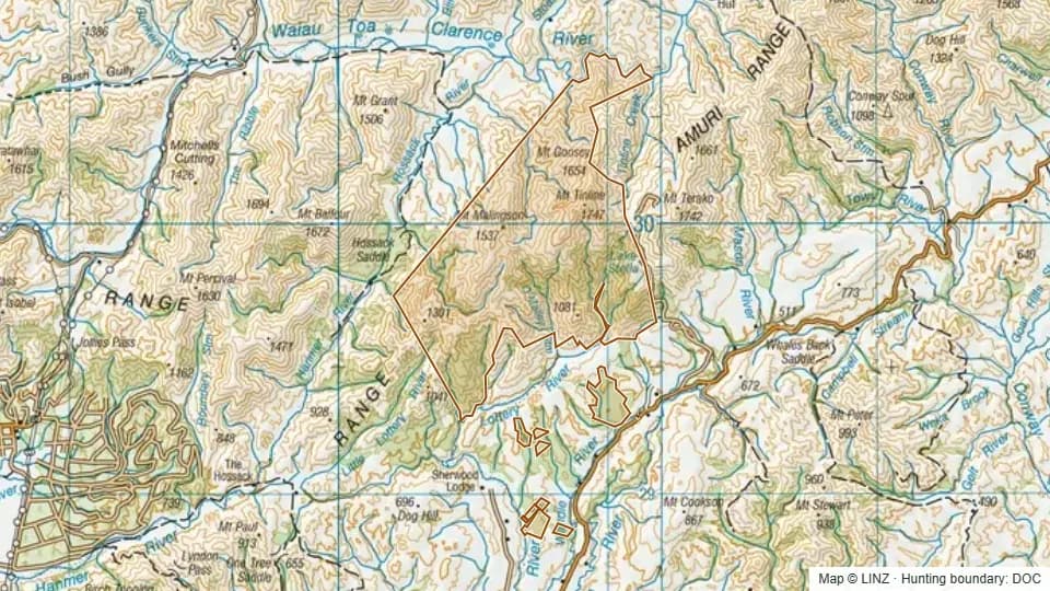 Topographic map of Lyford in Canterbury, New Zealand, with the DOC hunting boundary outlined.