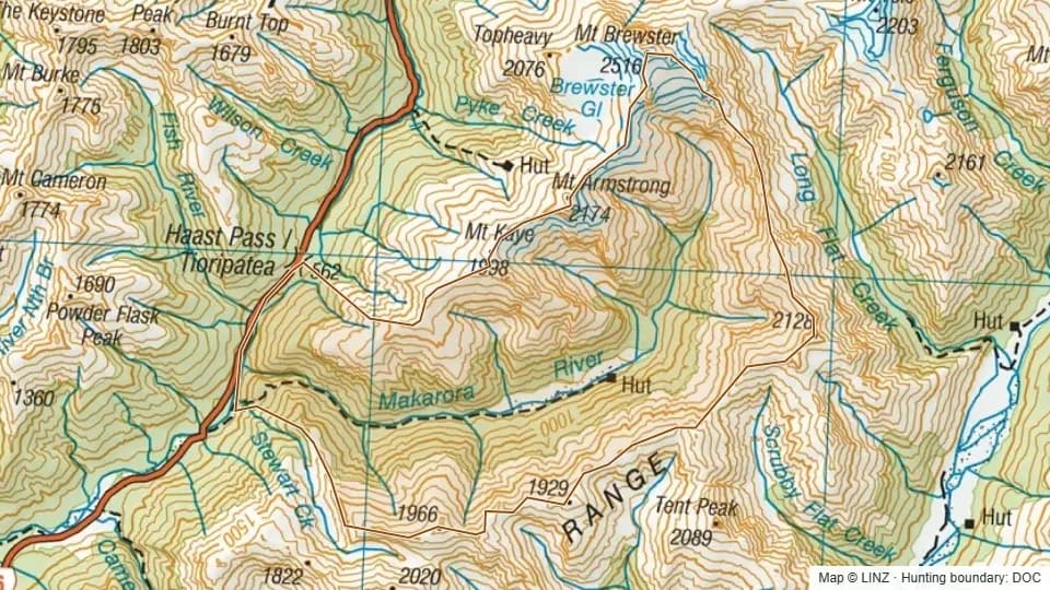 Topographic map of Makarora in Otago, New Zealand, with the DOC hunting boundary outlined.