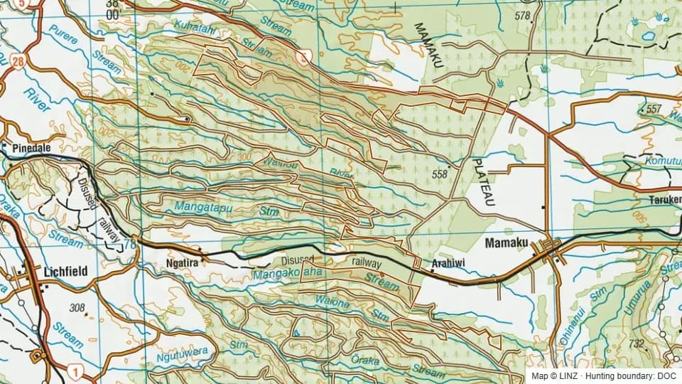 Topographic map of Mamaku Forest in Waikato, New Zealand, with the DOC hunting boundary outlined.