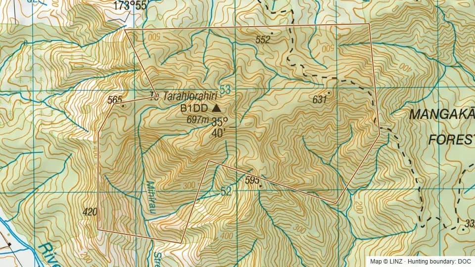 Topographic map of Mangakahia Forest addition in Northland, New Zealand, with the DOC hunting boundary outlined.