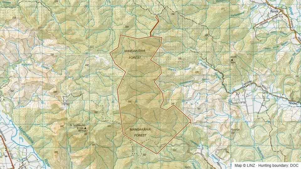 Topographic map of Mangakahia Forest in Northland, New Zealand, with the DOC hunting boundary outlined.