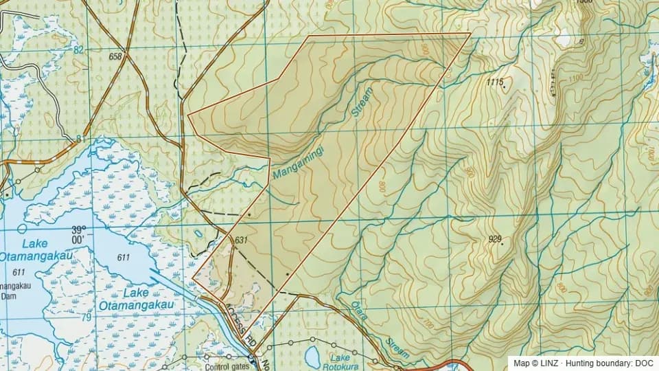 Topographic map of Mangamingi Stream Conservation Area in Manawatu-Wanganui, New Zealand, with the DOC hunting boundary outlined.