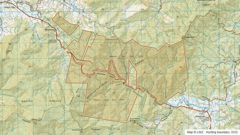 Topographic map of Mangamuka Gorge Scenic Reserve in Northland, New Zealand, with the DOC hunting boundary outlined.
