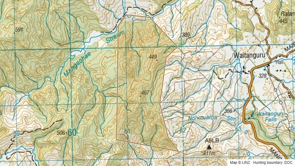 Topographic map of Mangaohae Stream Scenic Reserve in Waikato, New Zealand, with the DOC hunting boundary outlined.
