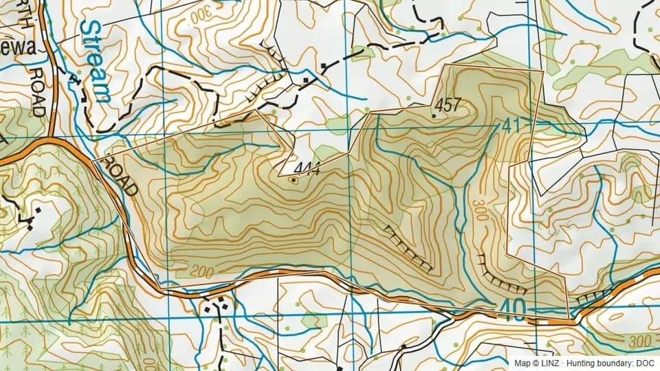 Topographic map of Mangaokewa Road Scenic Reserve in Waikato, New Zealand, with the DOC hunting boundary outlined.
