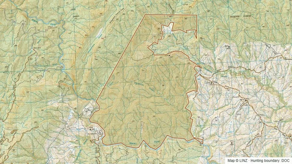 Topographic map of Mangaone Conservation Area in Hawke's Bay, New Zealand, with the DOC hunting boundary outlined.