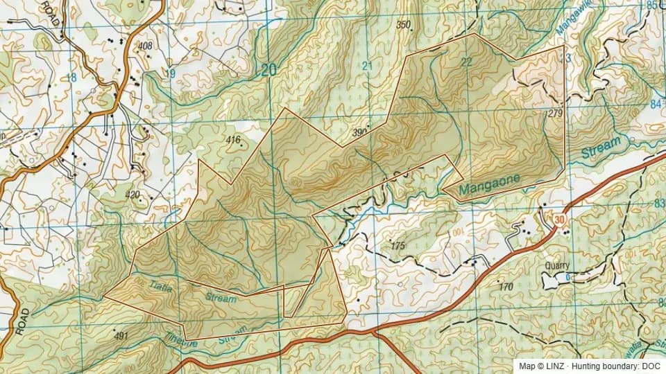 Topographic map of Mangaone Scenic Reserve in Bay of Plenty, New Zealand, with the DOC hunting boundary outlined.